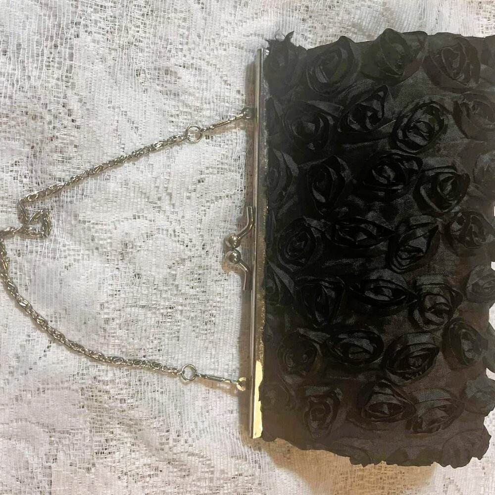 Black Rose Fabric Vintage Clutch, Wallet Frame, Short Silver Chain, 2000s